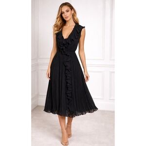 Mulberry Dress Women 4 Black Pleated Ruffle V-Neck‎ Midi Italy Cocktail Party